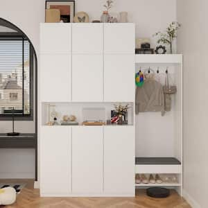 White Wood 70.8 in. W 9-Door Wardrobe with Shoe Storage Cabinet, Bench, 4 Hooks and Adjustable Shelves