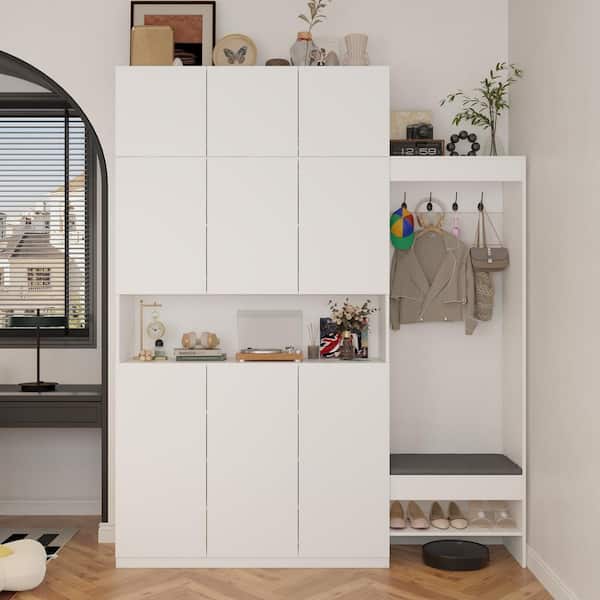 FUFU&GAGA White Wood 70.8 in. W 9-Door Wardrobe with Shoe Storage Cabinet, Bench, 4 Hooks and Adjustable Shelves