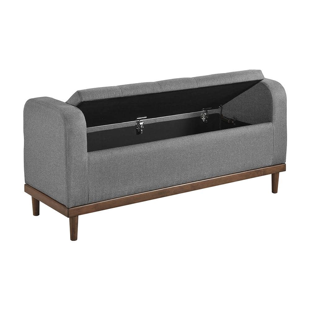 Gray Fabric Lift Top Storage Bench with Walnut Wood Frame