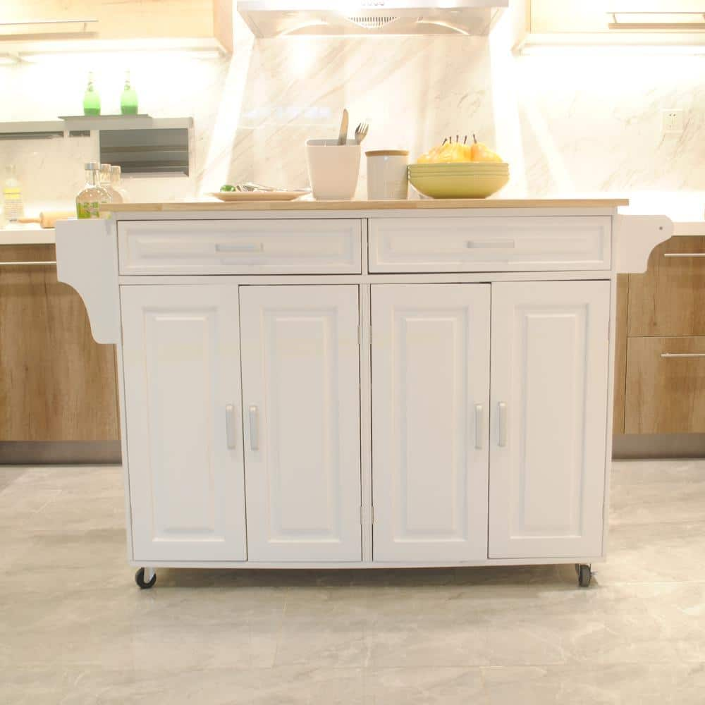 White Rubber Wood Top 53.93  in.. W Kitchen Island with Adjustable Shelf and 2 Drawers -  Polibi, MB-W55TA-W-PJ