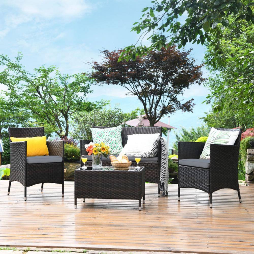 4-Piece Gray Rattan Wicker Patio Sofa Set with Cushions and Coffee Table