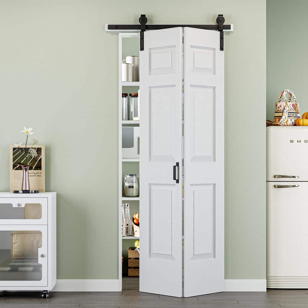 36 in. x 84 in. Paneled 6-Lite White Primed MDF Composite Bi-Fold Sliding Barn Door with Hardware Kit and Handle price history on PriceWatchPro