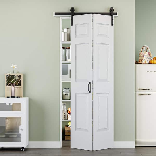 36 in. x 84 in. Paneled 6-Lite White Primed MDF Composite Bi-Fold Sliding Barn Door with Hardware Kit and Handle