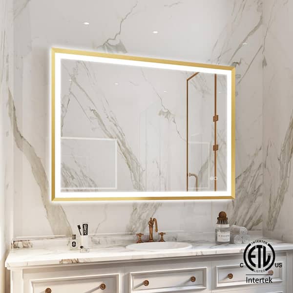 FORCLOVER 48 in. W x 36 in. H Rectangular Framed Beveled Edge Anti-Fog Dimmable Wall Bathroom Vanity Mirror in Brushed Gold