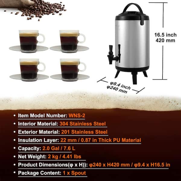 VEVOR Stainless Steel Insulated Beverage Dispenser 2Gal. 7.6L Hot and Cold  Drink Food-grade for Restaurant shop (Silver) YLHLQQYX10L0ZNM43V0