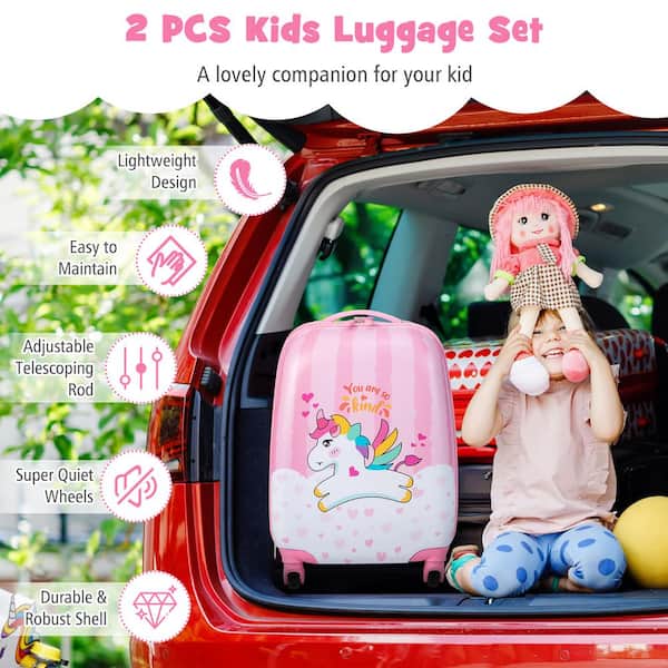 Costway 2-delige kinderkoffer rugzak, 30,5 45,7 cm kindertrolley met wielen & waterdichte harde behuizing, kinderbagage met draagriem, touw & voetsteunen, rolkoffer voor jongens meisjes, flamingo