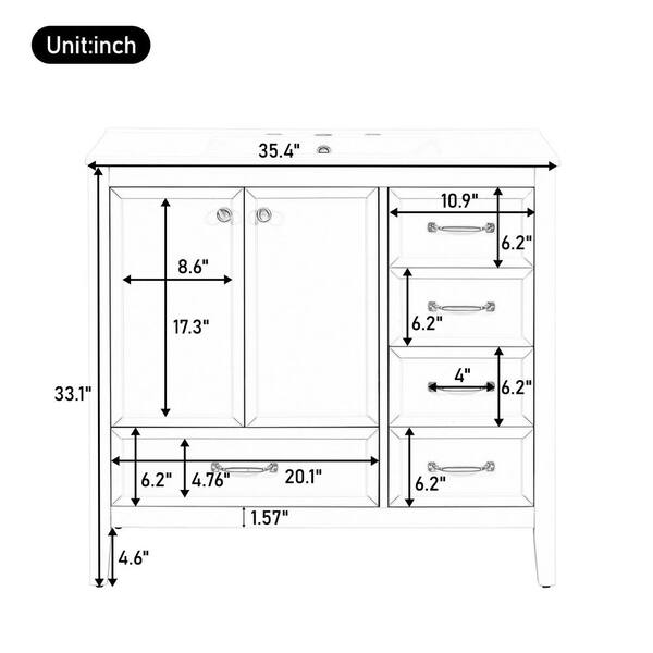 nabe　36サイズ Ziyudura 36 in. Single Sink Freestanding White Bath Vanity with