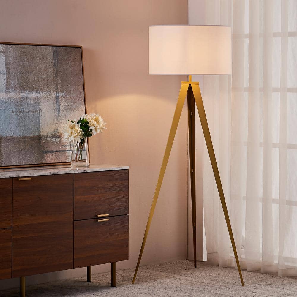 Modern Outdoor White Tripod Floor Lamp with Gold Accents