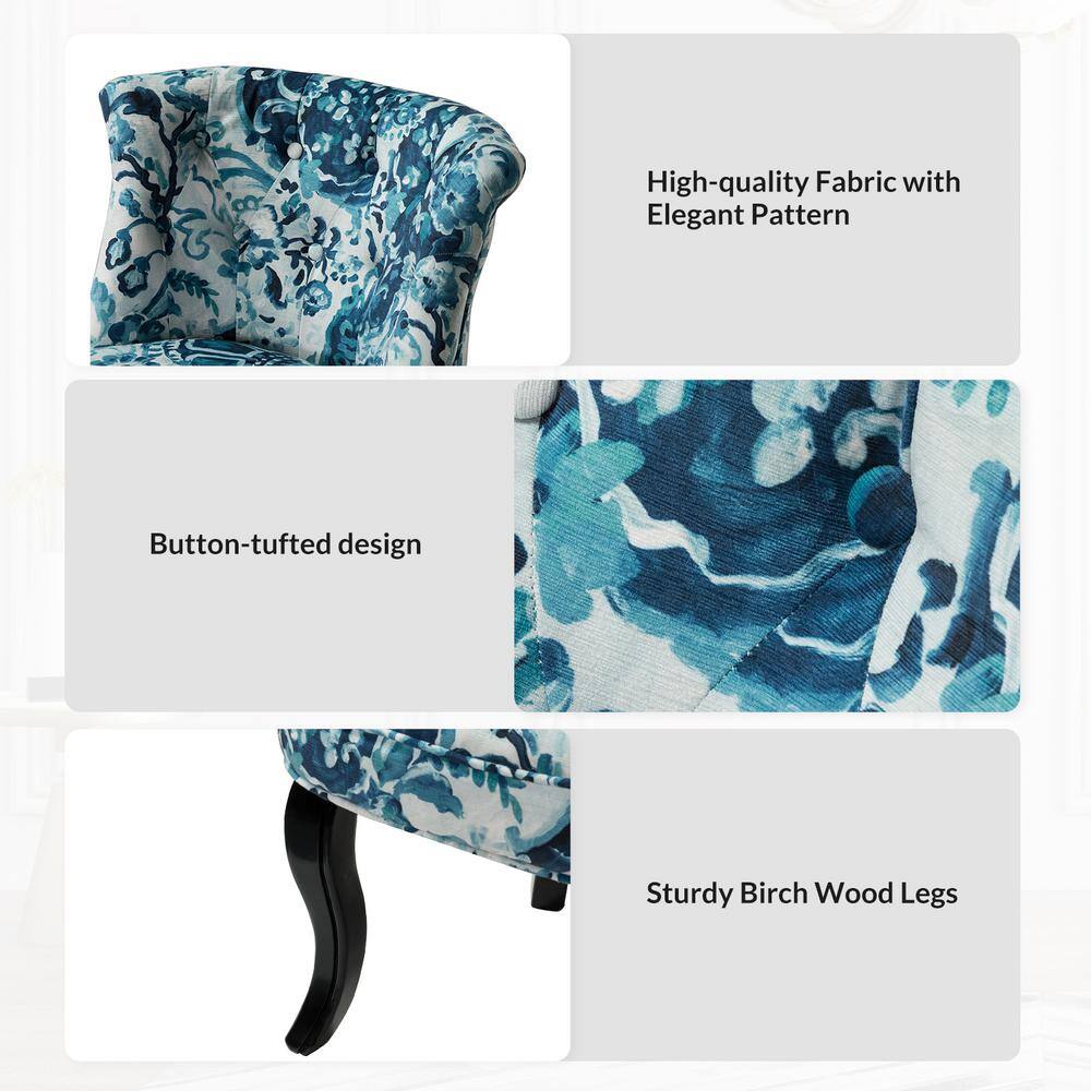 Indigo Floral Velvet Accent Chair with Black Wooden Legs