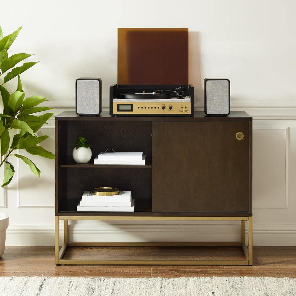 Byron Dark Brown and Gold Media Console with Vinyl Storage