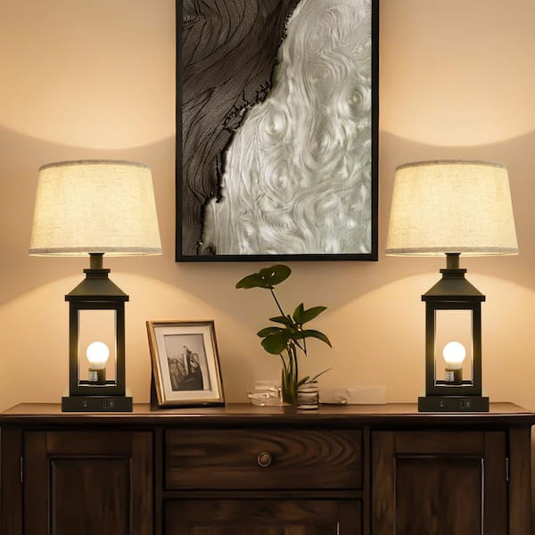 20.5 in. Farmhouse Touch Table Lamp Black Set of 2 with 3-Way Dimming for Bedroom, with Fabric Shade and USB Port