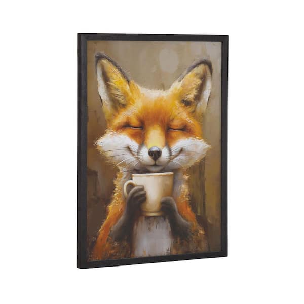 Kate and Laurel Gallery Happy Fox Traditional Coffee Tea Cup by the Creative Bunch Studio Black Framed Art Print 12 in. x 16 in.