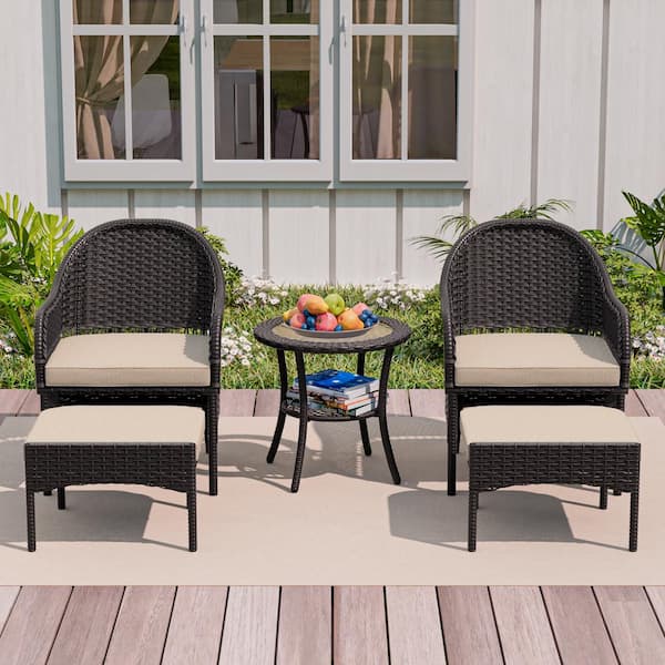 5-Piece Outdoor Wicker Patio Conversation Seating Set with Beige Cushions