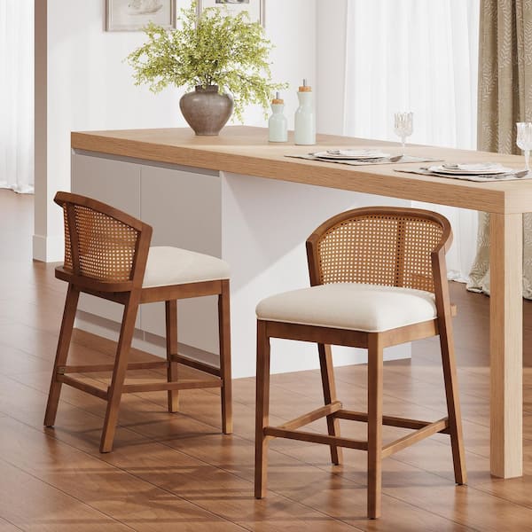 36.25 in. H Walnut Finish Solid Wood Frame Counter Stools with Beige Seat and Rattan Back (Set of 2)