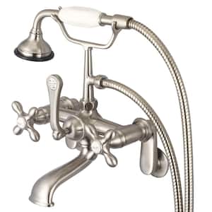 3-Handle Vintage Claw Foot Tub Faucet with Cross Handles and Handshower in Brushed Nickel
