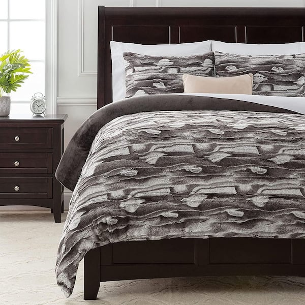 Chanasya Faux Fur Polyester Black White Marbled Swirl Reversible Duvet Cover Set, Twin