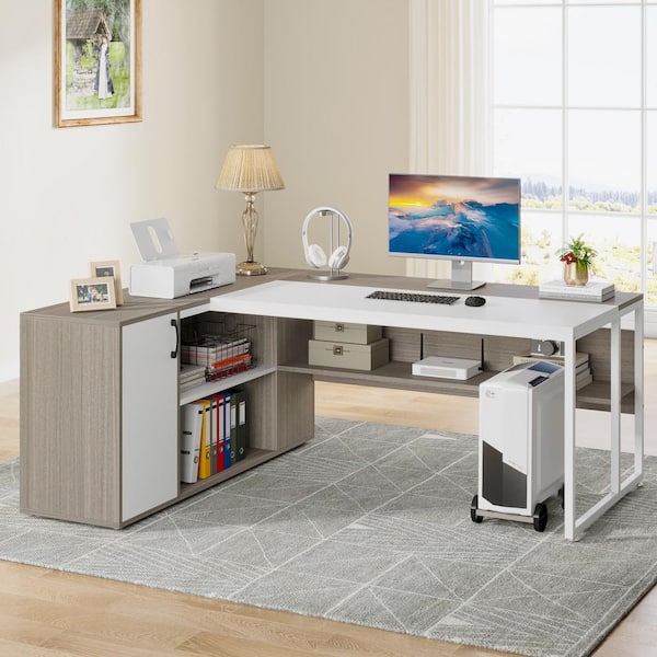 Lanita 71 in. L Shaped Gray Engineered Wood Executive Desk Large Computer Desk with File Cabinet for Home Office
