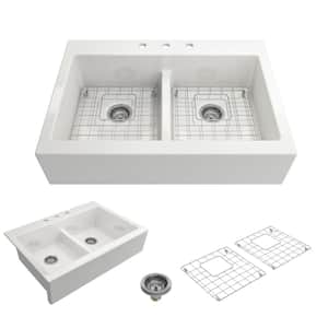 Nuova White Fireclay 34 in. Double Bowl Drop-In Apron Front Kitchen Sink with Protective Grids and Strainers