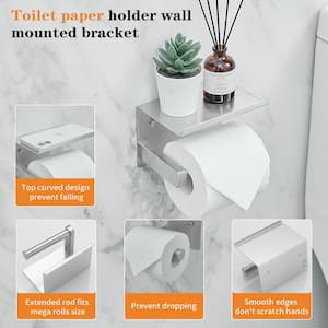 Wall Mounted Stainless Steel Toilet Paper Holder Tissue Roll Holder Hanger with Phone Shelf in Brushed Nickel