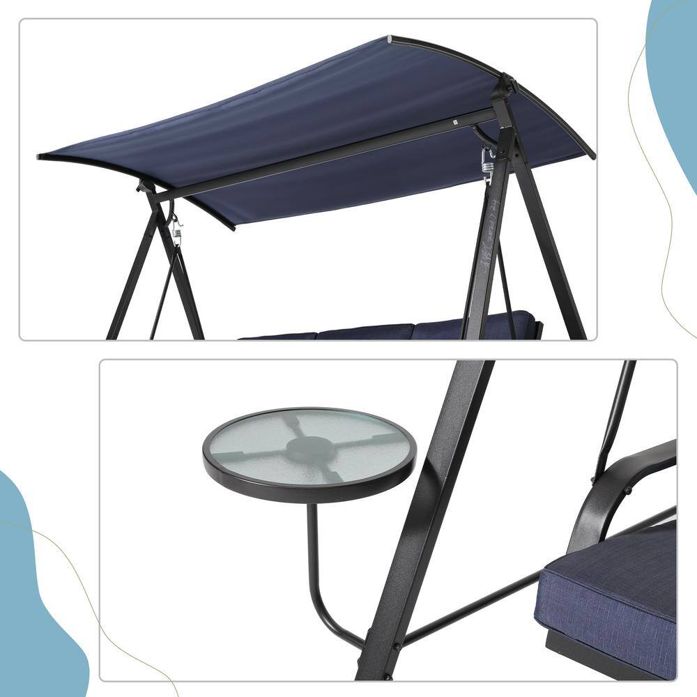 Gray Steel 3-Person Patio Swing with Blue Cushions and Canopy