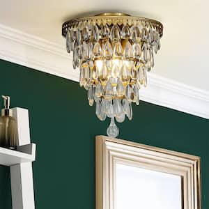 12 in. 3-Lights Antique Gold Glam Flush Mount Ceiling Light with Teardrop Glass
