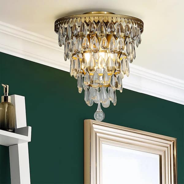 ALOA DECOR 12 in. 3-Lights Antique Gold Glam Flush Mount Ceiling Light with Teardrop Glass