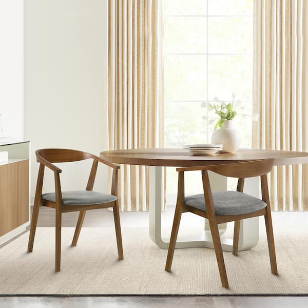 Armen Living Santana Walnut/Charcoal Fabric Upholstered Wood Dining Chair Set of 2 with Arms and Open Back