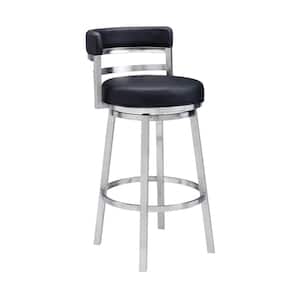 Rayner Contemporary 30 in. Bar Height in Brushed Stainless Steel Finish and Black Faux Leather Bar Stool