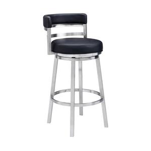Madrid Contemporary 26 in. Counter Height Bar Stool in Brushed Stainless Steel and Black Faux Leather