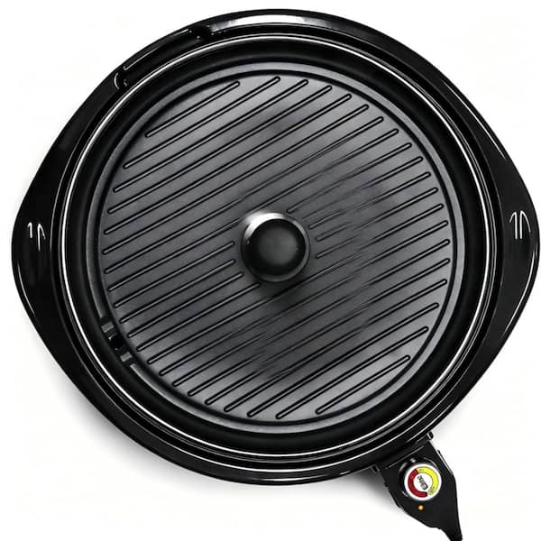 14 Inch Indoor Electric Round Nonstick Grill with Glass Lid, Fast Heating, Adjustable Thermostat, Dishwasher Safe Parts