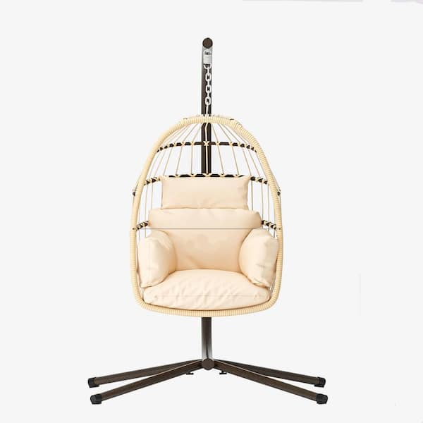 Unbranded 1-Person Metal Patio Swing, Foldable Hanging Swing Egg Chair with Stand and Cushions, for indoor Outdoor, Beige