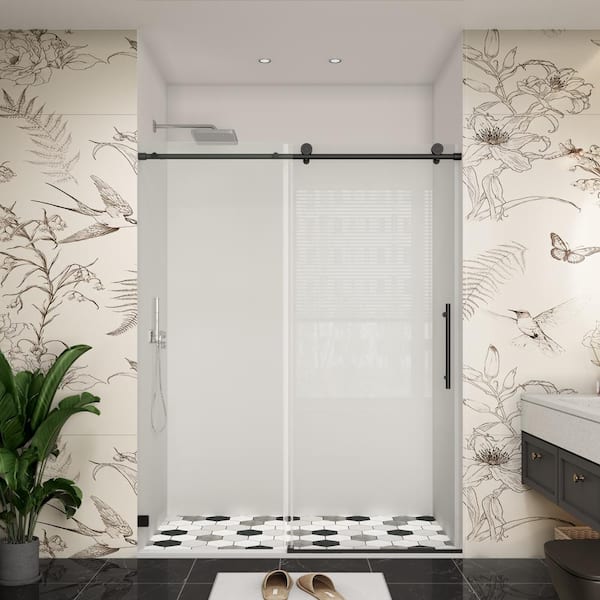48 in. W x 76 in. H Single Sliding Frameless Soft Close Bypass Shower Door in Matte Black with Easy-Clean Clear Glass