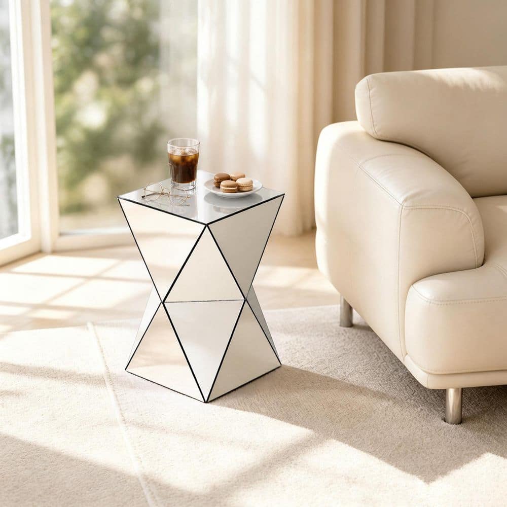 Modern 12.6 in. W Silver Square MDF Wood Glass Top End Side Table with Geometric Design price history on PriceWatchPro