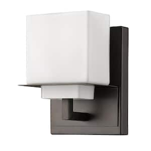 Rampart 1-Light Oil-Rubbed Bronze Sconce with Etched Glass Shade