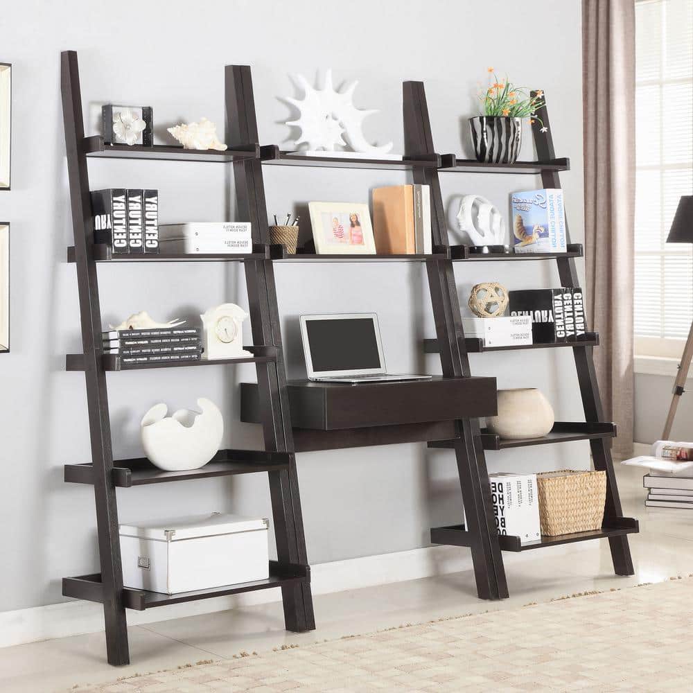 Transitional Espresso Ladder Bookcase with Doors in Brown