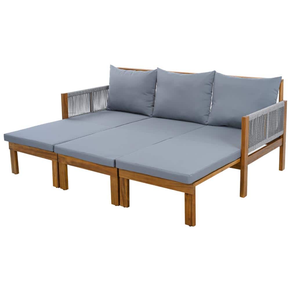Teak Acacia Wood 3 Seat Outdoor Daybed Sunbed Sleeper Sofa with Grey Cushion for Patio, Backyard, Pool price history on PriceWatchPro