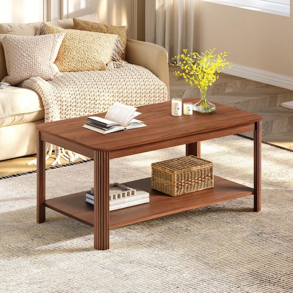 Onyx 39.4 in. Walnut Rectangle Wood Top Coffee Table with 2-Tier and Vertical Wave Grain Legs