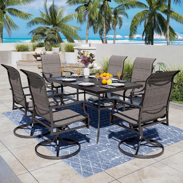PHI VILLA 7-Piece Metal Outdoor Patio Dining Set with Padded Swivel Rocker Texitilene Chair