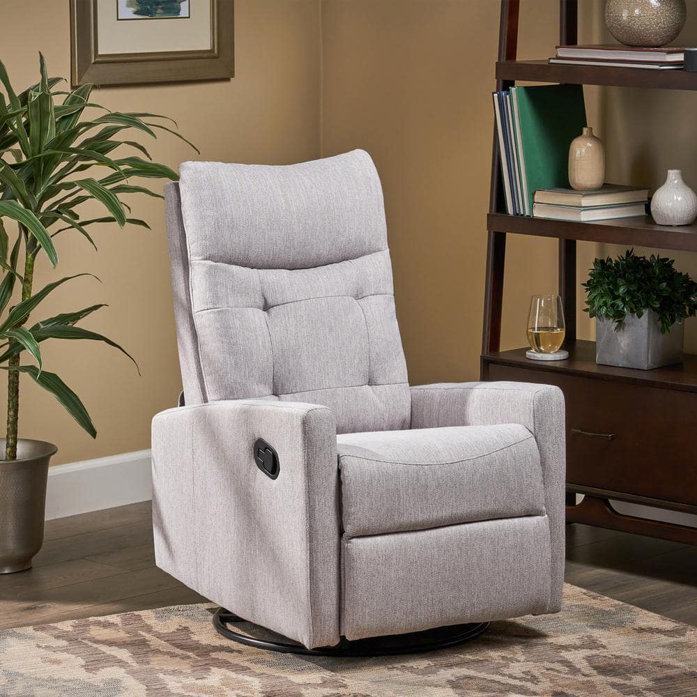Handcrafted 25" Gray Fabric Swivel Recliner with Metal Base