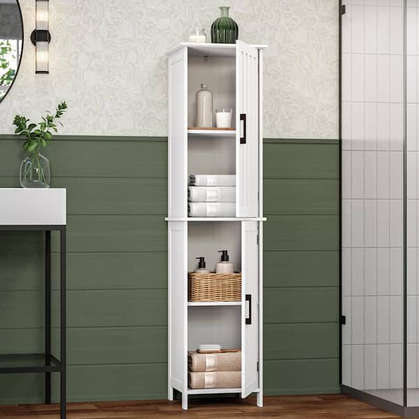 Monroe 14.75 in. W x 13.38 in. D x 60 in. H White Linen Cabinet Tall Bathroom Storage and Organizer with Doors