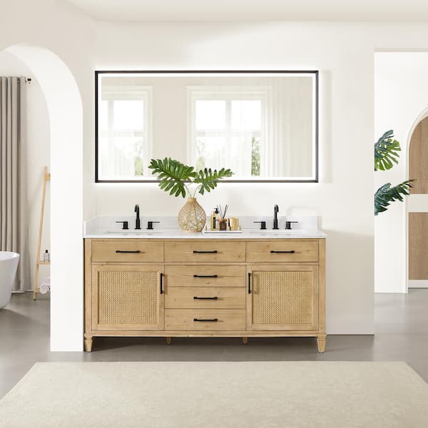 Altair Salome 72 in. Double Freestanding Weathered Fir Bath Vanity with Grain White Engineered Stone Top Assembled and Mirror