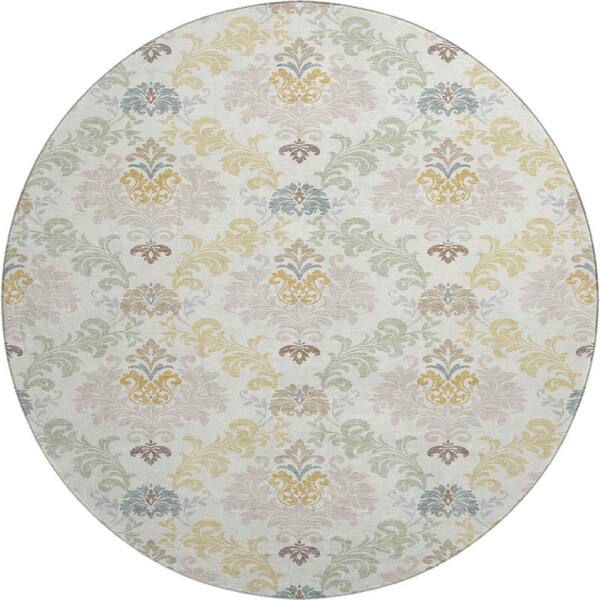 Mayfield Premium Machine Washable Abstract AMF2544 Ivory 8 ft. x 8 ft. Round Rug