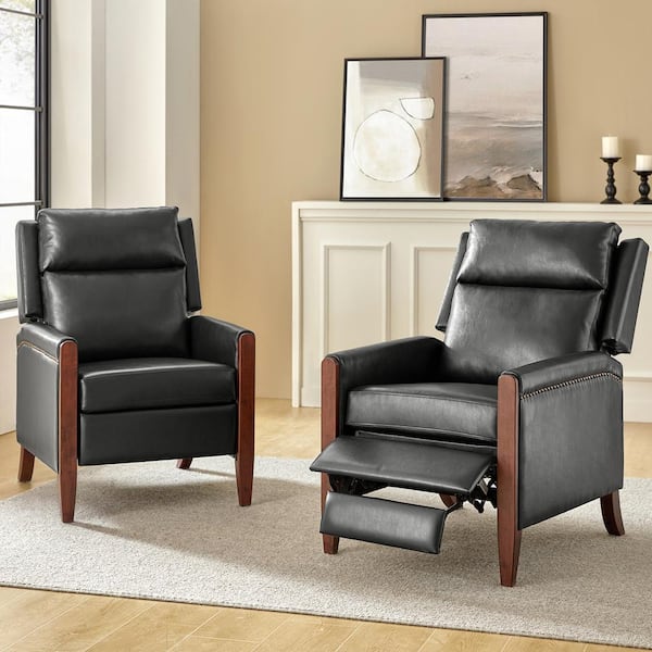 JAYDEN CREATION Manuel Black Leather Push Back Manual Recliner with Solid Wood Legs (Set of 2)
