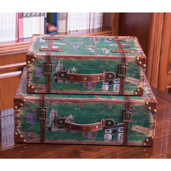 2 Set Vintage Style Old World Map Brass Wooden Suitcase Trunk Storage Box 