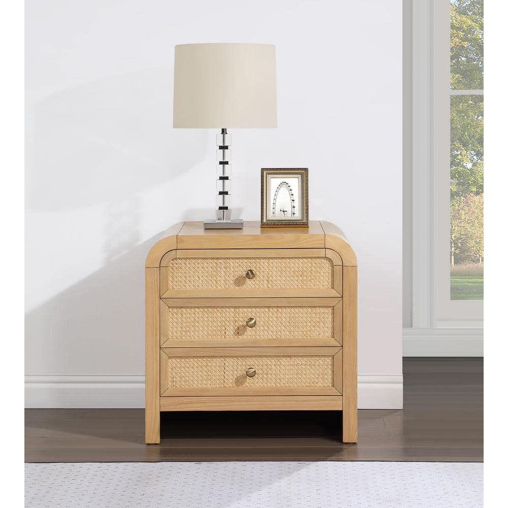 Belmont 3-Drawer Natural Rattan and Oak Nightstand
