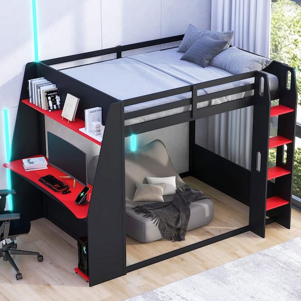 Harper & Bright Designs Gaming Style Black and Red Full Bunk Bed with ...