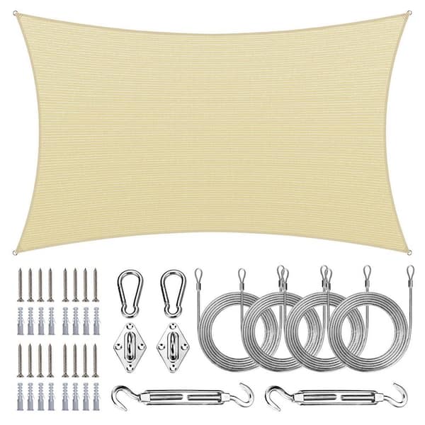 8 ft. x 12 ft. Rectangle Sun Shade Sail with Hardware Kit and Rope-Beige