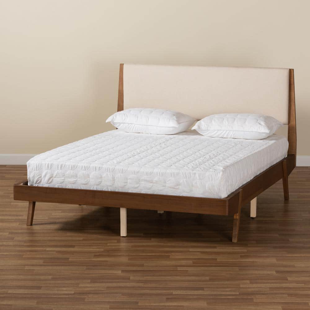 Beige Upholstered Queen Bed with Walnut Wood Frame