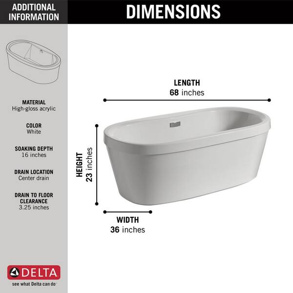 Synergy 68 in. x 36 in Soaking Bathtub with Center Drain in White