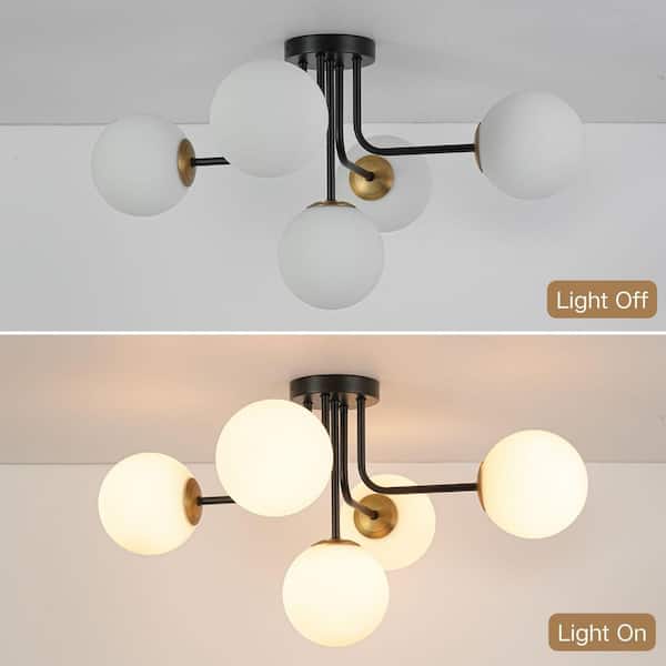 27.56 in. 5-Light Matte Black Industrial Semi-Flush Mount Modern Ceiling Light Sputnik Chandelier with White Glass Shade
